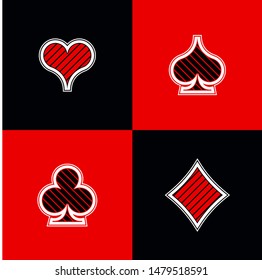 Set shape diamonds, clovers, hearts and spades Four Playing card suits icons template black and red color. High quality outline Playing card suit symbol shape pictogram for web design or mobile app