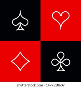 Set shape diamonds, clovers, hearts and spades Four Playing card suits icons template black and red color. High quality outline Playing card suit symbol shape pictogram for web design or mobile app