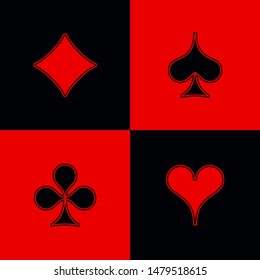 Set shape diamonds, clovers, hearts and spades Four Playing card suits icons template black and red color. High quality outline Playing card suit symbol shape pictogram for web design or mobile app