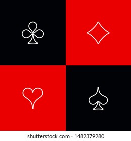 Set shape diamonds, clovers, hearts and spades Four Playing card suits icons template black and red color. High quality outline Playing card suit symbol shape pictogram for web design or mobile app