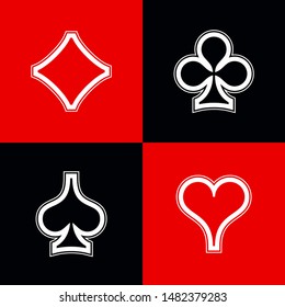 Set shape diamonds, clovers, hearts and spades Four Playing card suits icons template black and red color. High quality outline Playing card suit symbol shape pictogram for web design or mobile app