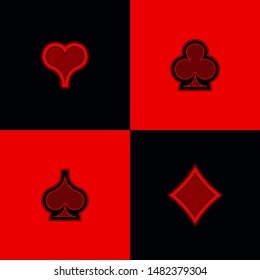 Set shape diamonds, clovers, hearts and spades Four Playing card suits icons template black and red color. High quality outline Playing card suit symbol shape pictogram for web design or mobile app