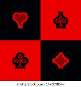 Set shape diamonds, clovers, hearts and spades Four Playing card suits icons template black and red color. High quality outline Playing card suit symbol shape pictogram for web design or mobile app