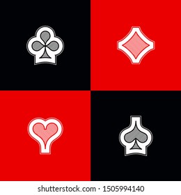 Set shape diamonds, clovers, hearts and spades Four Playing card suits icons template black and red color. High quality outline Playing card suit symbol shape pictogram for web design or mobile app