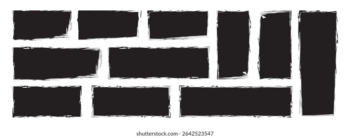 Set of shape grunge template backgrounds. Black square shapes with ripped jagged borders on white background. Vintage grunge boxes for collage, text, banner, sticker design. 