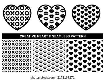 Set of shape heart with love texture and black valentine seamless pattern. Creative romantic icon vector design element and seamless texture swatch for decorative textile print design