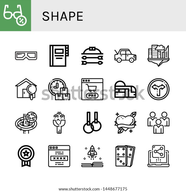 Set\
of shape icons such as Sunglasses, d glasses, Contacts, Bow and\
arrow, Car, Cloud, House, Schedule, Shopping cart, Subway, Turn,\
Black hole, Roses, Rings, Heart, Social media ,\
shape