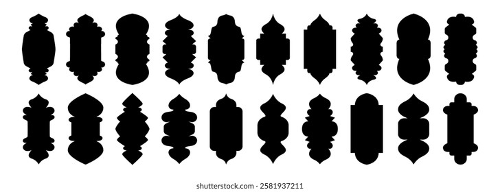 Set shape Islamic door and window black silhouette in oriental style. Arabic arch, muslim architecture design elements, Ramadan frames. Vector flat illustration.