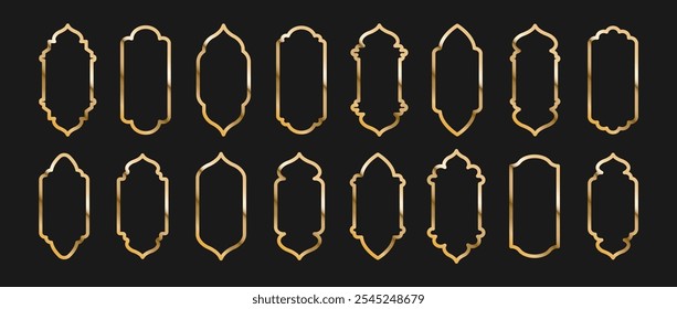 Conjunto de ventanas islámicas de forma. Marcos musulmanes dorados aislados sobre fondo oscuro. Colección de arcos en estilo oriental. Ilustración vectorial plana.