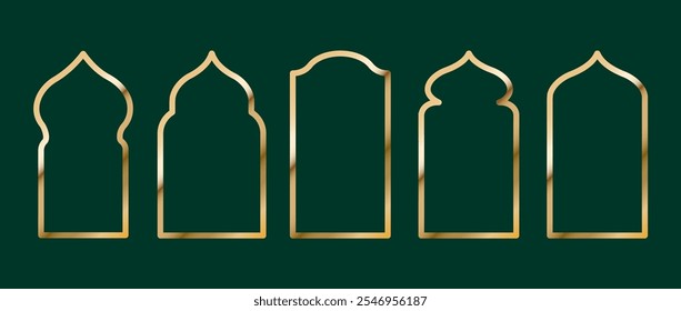 Conjunto de ventanas islámicas de forma. Marcos musulmanes dorados aislados sobre fondo oscuro. Colección de arcos en estilo oriental. Ilustración vectorial plana.