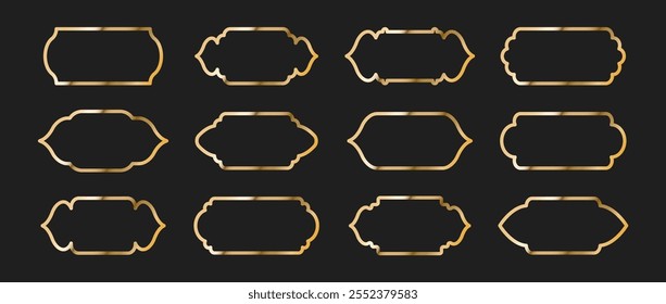 Set of Shape Islamic Windows. Golden Muslim frames isolated on dark background. Collection of arches in oriental style. Flat Vector illustration.