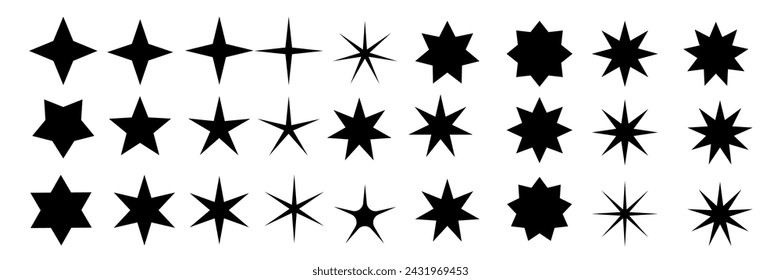 Set of shape star sparkling and twinkling cartoon set. Black glittering starlight particles. Vector illustration isolated on a white background.