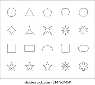 Set of shape and symblo icons line style. It contains such Icons as elements, circle, square, triangle, cross, rectangle, pentagon, hexagon, star, octagon and other elements.