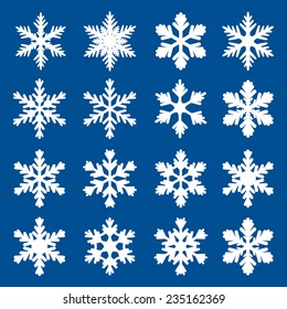 Set of shape white snowflakes on blue background. Vector icons. Winter stars. Christmas decoration.