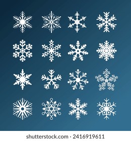 Conjunto de formas copos de nieve blancos sobre fondo azul. Iconos aislados de vectores. Estrellas de invierno y decoración navideña
