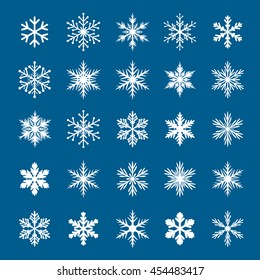 Set of shape white snowflakes on blue background. Vector isolated icons. Winter stars and Christmas decoration.