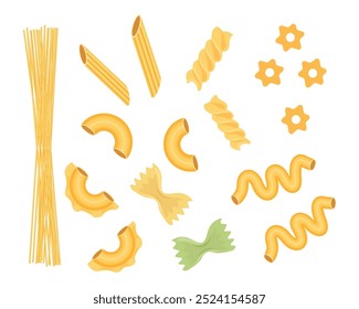 Set von geformten italienischen Nudeln im Cartoon-Stil.Vektorgrafik köstliche Nudeln verschiedener Arten:Spaghetti, Farfalle, Serpentine, Conchiglie, Rigatoni, Fusilli, stellini, celentani, creste di gallo.