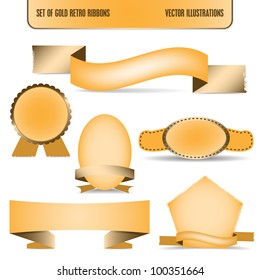 Set of shaped ribbons in gold tone. Background in separate layer. Vector illustration.