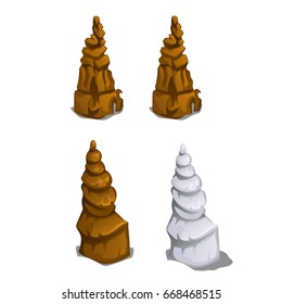 Set the shaped stone formations in the caves isolated on a white background. Stalagmites of limestone and marble. Cartoon vector close-up illustration.