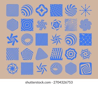 Conjunto de formas. Forma listrada abstrata. Figura volumétrica hexagonal. Coleção de elementos gráficos, emblemas ou ícones. Arte óptica. Vetor para brochura, cartaz, capa, cartão, apresentação, folheto, etc.