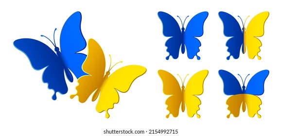 Set of shapes of blue yellow swallowtail butterflies with different wings isolated on a white background. Vector silhouette of butterfly is perfect for patriot sticker, icon and decoration design