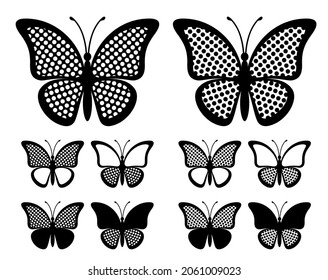 Set of shapes of butterflies with radial halftone isolated on a white background. Silhouette of butterfly is perfect for stickers, icons, business cards and gift certificates