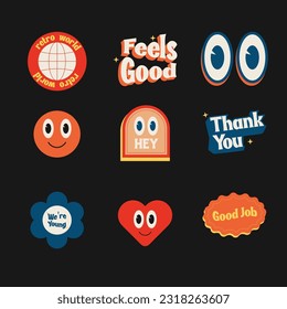 Set of shapes Collection of trendy retro sticker cartoon shapes. Cute comic character art and thank you lettering patch bundle on black background.