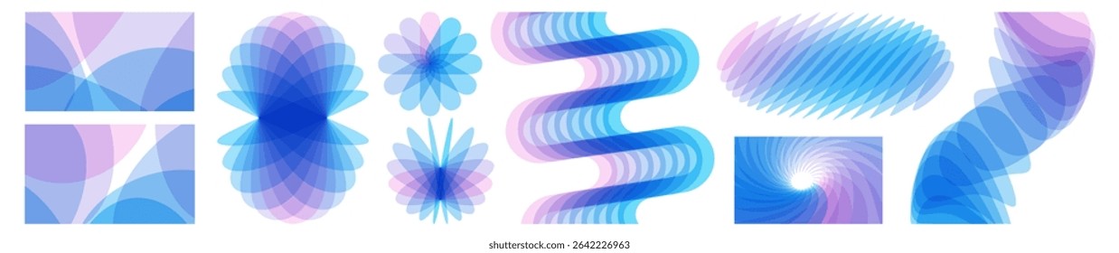 Set of shapes created from overlapping translucent elements. A wavy signal waveform. Rotation and swirling movement. Flower. 3d vector for brochure, banner, flyer, cover or presentation.