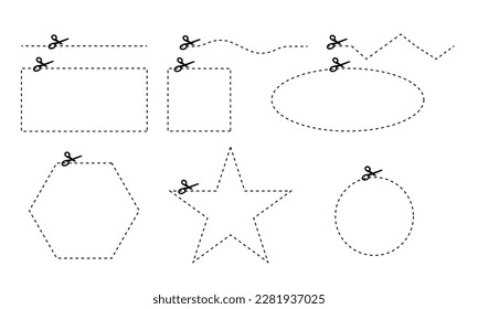 Conjunto de formas con líneas de corte e icono de cupón para cortar. Tijeras negras y línea punteada. Corta pegatinas. Ilustración del vector