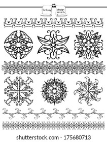 Set of shapes design elements. Abstract patterns for frames, borders or dividers. Circle symmetric elements for design. Vintage banners in additional. White background. Vector elements are grouped.