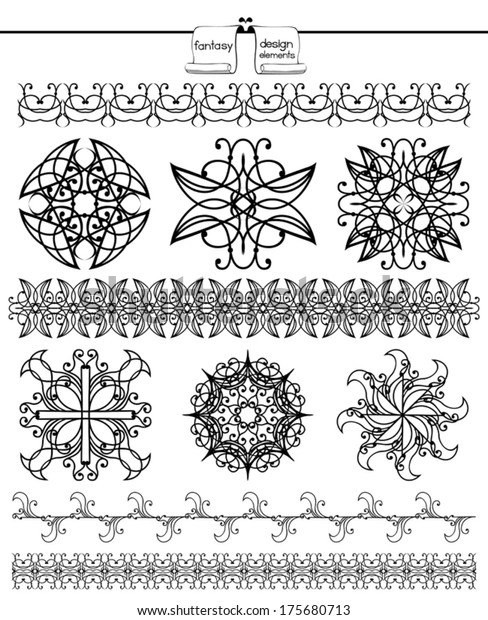 Set of shapes design elements. Abstract patterns\
for frames, borders or dividers. Circle symmetric elements for\
design. Vintage banners in additional. White background. Vector\
elements are grouped.