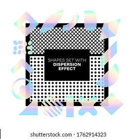 Set of shapes with dispersion effect. Colorful geometric rainbow shapes for create trendy placards, brochures, retro art, posters, covers and banners in memphis and hipster style. Vector illustration