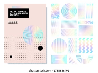Conjunto de formas con efecto de dispersión. Formas geométricas de arcoiris coloridas para crear pancartas, folletos, arte retro, carteles, portadas y pancartas de moda en memphis y estilo hipster. Ilustración del vector