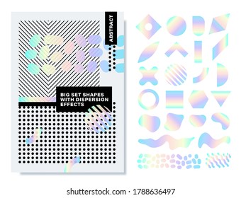 Satz von Formen mit Dispersionseffekt. Farbige geometrische Regenbogen-Formen für die Erstellung von trendigen Plakaten, Broschüren, Retro-Kunst, Plakaten, Decken und Bannern im Stil von Memphis und Hipster. Vektorgrafik