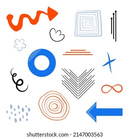 Set of shapes and doodle. Abstract arrows, trendy vector objects, lines, curls orange, blue colors.