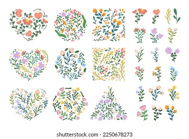 Set of Shapes Filled with Flowers, Heart, Circle, Square, Triangle Forms with Simple Style Blossoms. Isolated Twigs and Branches, Spring Plants Elements, Arrangments. Cartoon Vector Illustration