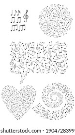 Set von Formen gefüllt mit Musiknoten. Kreis, Herz, Botschaft, Spiralformen. Schwarz-Weiß-Design. Klassische Melodie-Schallplatten-Elemente. Vektorgrafik. Musikgeschäft, Festival, Konzertkonzeption.