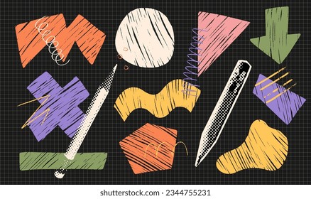Set of Shapes, geometric shapes and pencil scratches, hatched free hand silhouette style handsketch. Vector illustration. editable EPS10