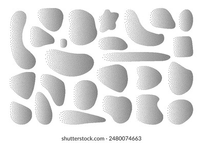 Set of shapes with gradient noise. Round grainy textures of liquid forms. Vector illustration