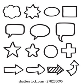 Set of shapes, hand drawn with marker on whiteboard. Arrows, speech bubbles and other symbols to mix and match in different ways.