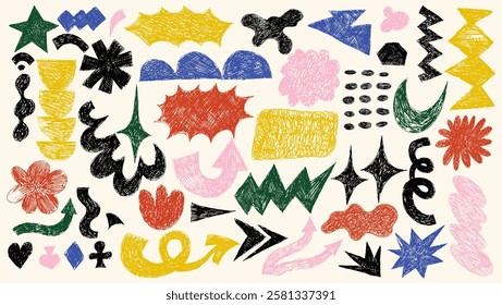 Set of shapes and icons drawn with crayon. Grunge colored doodle contemporary figures, stars, arch, cloud, spiral, abstract vector elements. Vintage hand draw style kid geometric shapes.