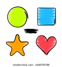 Set  shapes made by dry brushes. Drawn frames from circle square star heart  in colorful tones and on transparent background  isolated  for creative design