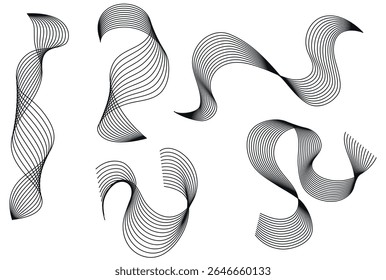 Set of Shapes Made of Curved Lines, Abstract Shapes Set, Stripes Shapes, Flow Wavy Lines, Black, Vector