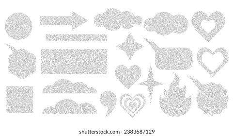 Set of shapes made of grainy sandy texture. Grainy noise template, grunge effect. Star, heart, arrow, square, fire, rectangle, circle, quotes, cloud, speech bubble. Vector illustration.