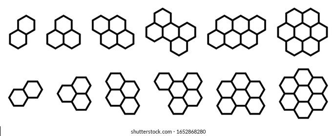 Set of shapes made from hexagonal or honeycomb six sided polygon