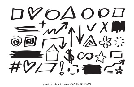 Set shapes and signs for text. Hand drawn elements for diary, planner and notes. Black simple symbols isolated vector illustration