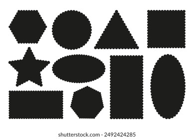 Set of shapes with squiggly borders. Rectangular, polygon, round, star, triangle, oval, square scalloped frames. Tags, labels, stamps, crackers, coupons, stickers with curvy, wiggly, wavy edges. Eps.