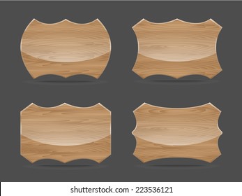 Set of shapes wooden sign boards with glossy. Vector illustration