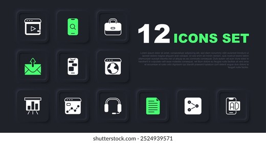 Set Share, Advertising, Mobile 24 hours support, File document, Mail and e-mail, Market analysis, Magnifying glass mobile and Headphones icon. Vector