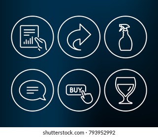 Set of Share, Buy button and Spray icons. Chat, Document and Wine glass signs. Link, Online shopping, Washing cleanser. Speech bubble, File with diagram, Cabernet wineglass.  Editable stroke. Vector